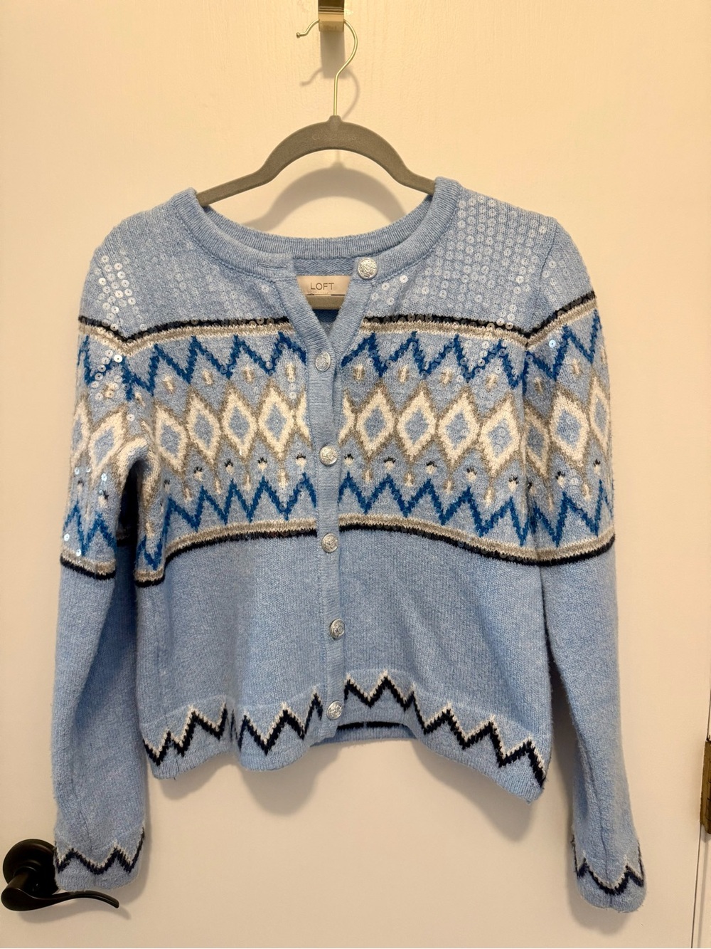 LOFT Light Blue Sequin Fair Isle Cardigan Sweater. Size Small.